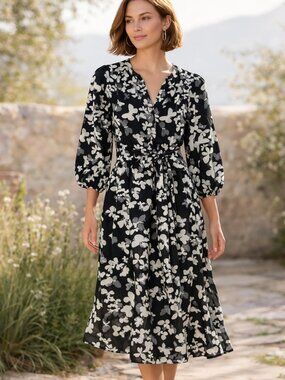 EUC Talbots Women's Butterfly Cotton Poplin Flare Dress Size 4 Black & White